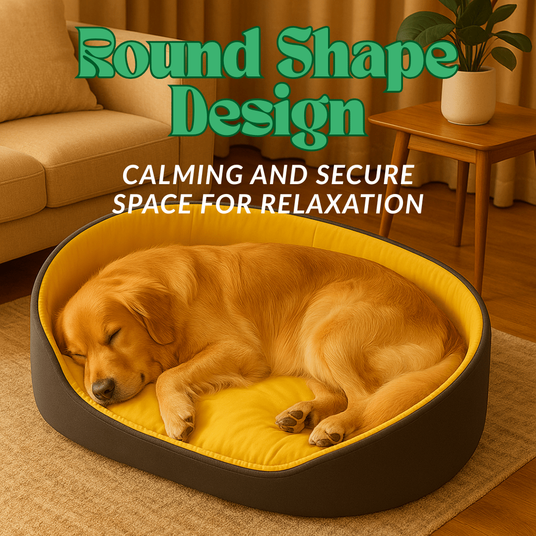 PetNet All - Season Ultra - Soft Dog BedDog lying on a round pet bed with text about round shape design and relaxation.Joypup