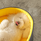 PetNet All - Season Ultra - Soft Dog BedWhite fluffy dog lying in a yellow pet bed on a gray carpetJoypup
