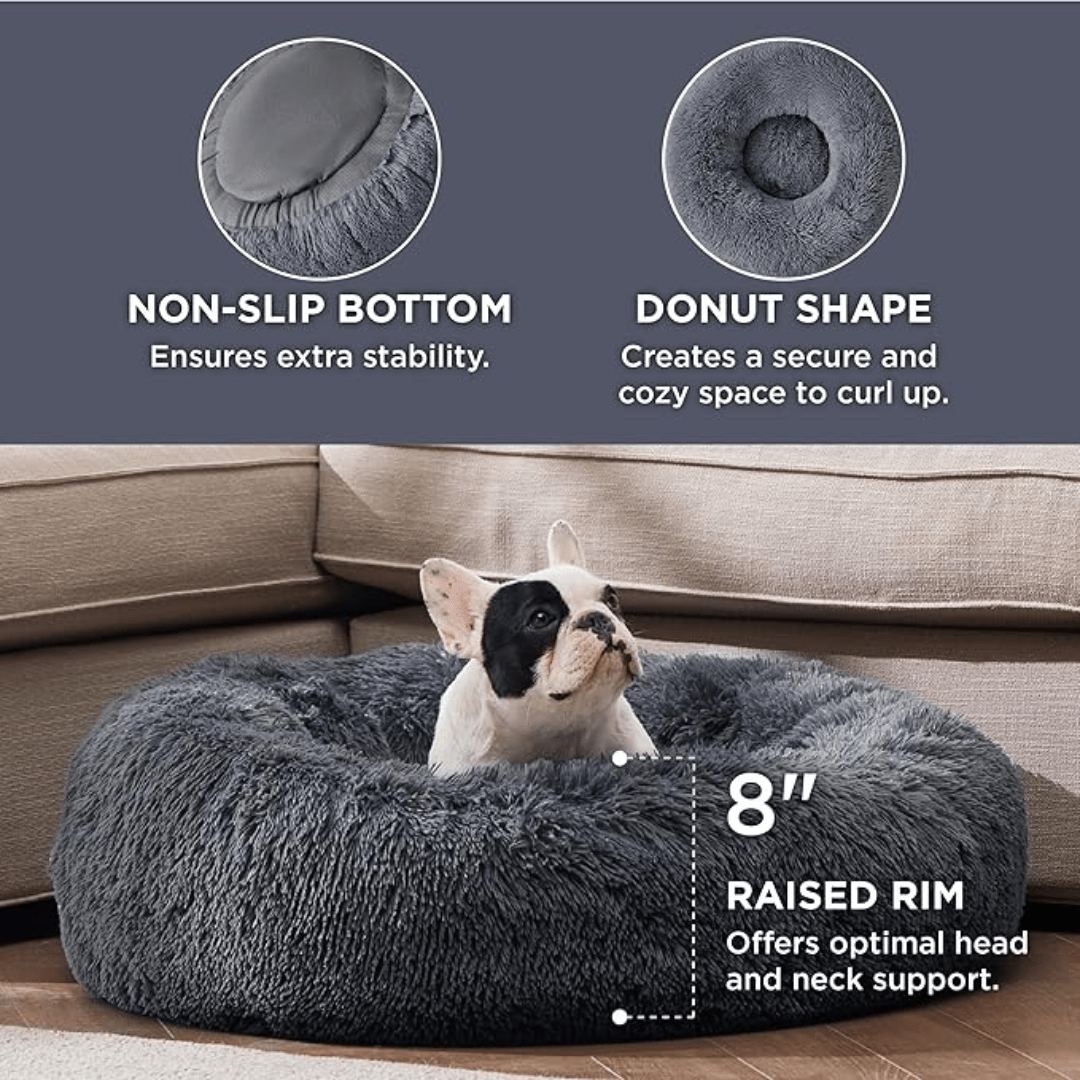 Soft Donut Cuddler Pet Bed - Ultimate Anti-AnxietyDog bed with features highlighted on a dark backgroundJoypup