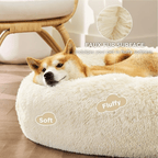 Dog lying on a fluffy white pet bed with text highlighting the faux fur surface and softness.