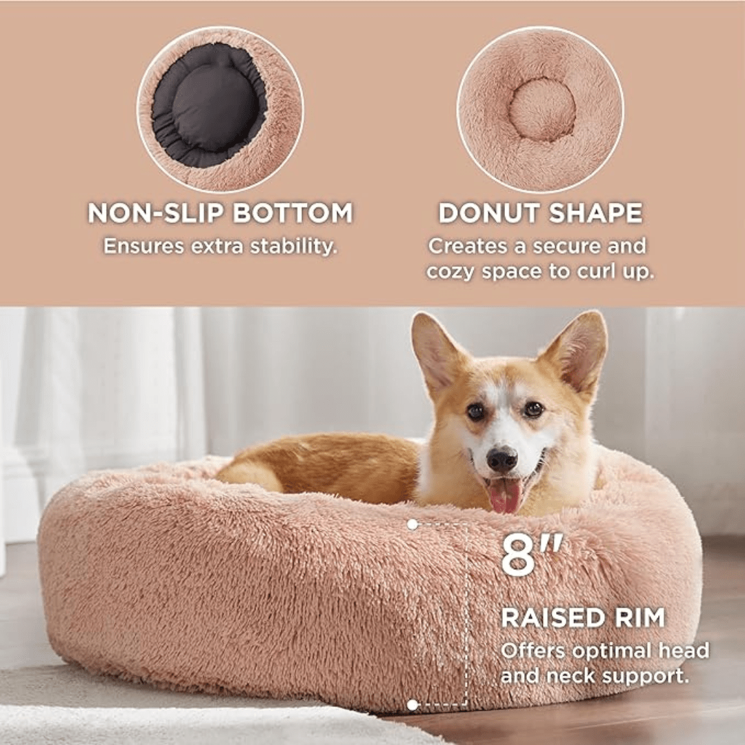 Soft Donut Cuddler Pet Bed - Ultimate Anti-AnxietyDog bed with features highlighted on a beige backgroundJoypup