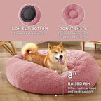 Pink donut-shaped dog bed with a Shiba Inu dog on it, featuring text about its features.