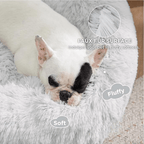 Dog lying on a fluffy faux fur surface with text highlighting its softness and fluffiness.
