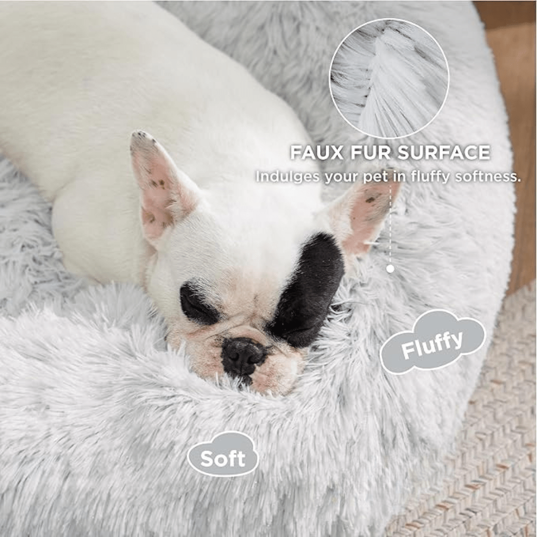 Dog lying on a fluffy faux fur surface with text highlighting its softness and fluffiness.