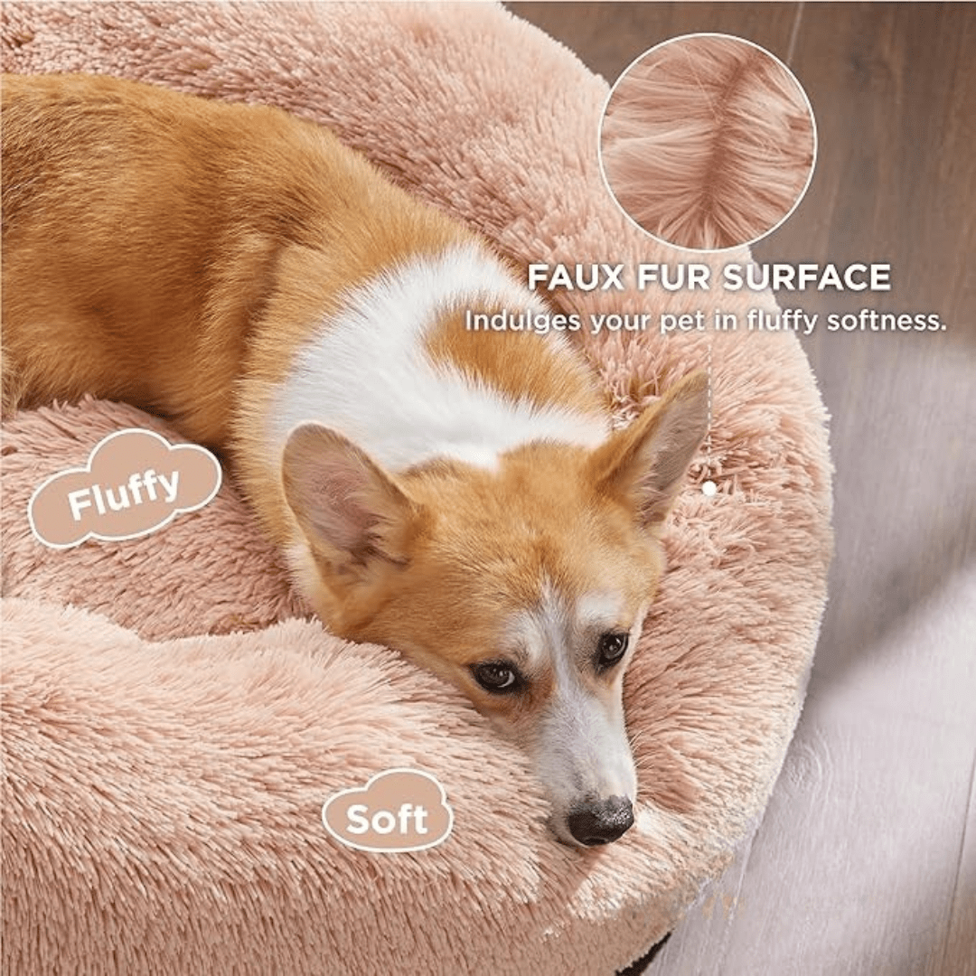 Dog lying on a fluffy pink cushion with close-up of fur texture and text highlighting the product's features.