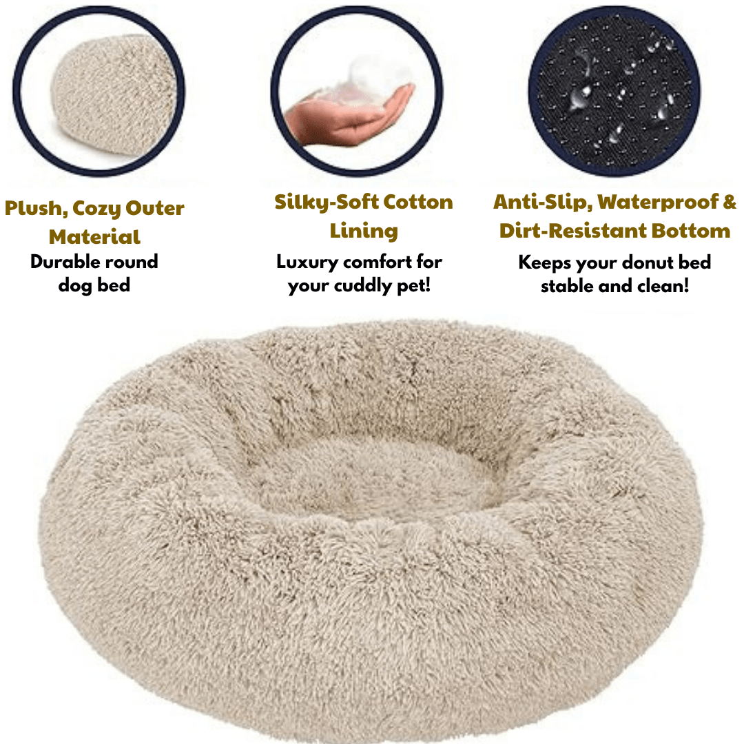 Beige donut dog bed with features highlighted on a white background