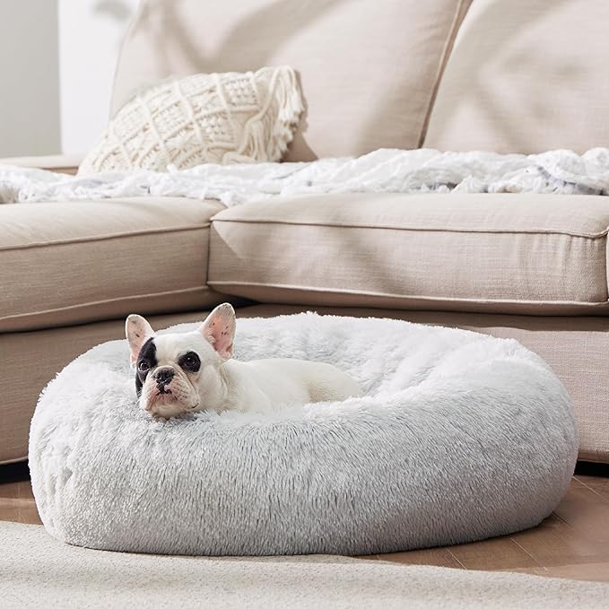 Soft Donut Cuddler Pet Bed with plush faux fur and round design for cozy anti-anxiety comfort and restful sleep for dogs and cats