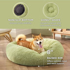 Green dog bed with a Shiba Inu dog on a wooden floor, featuring text about its features.