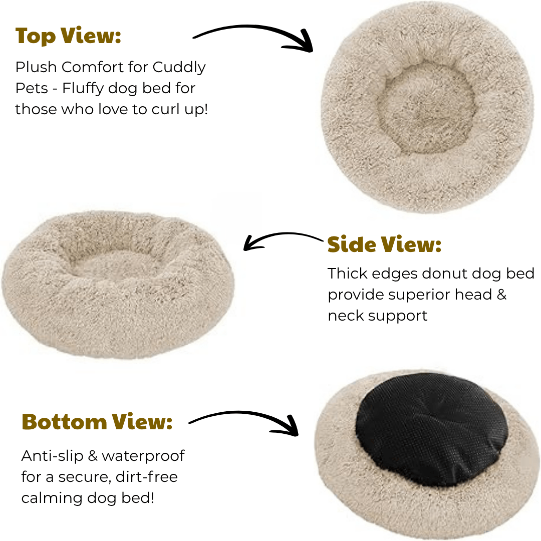 Soft Donut Cuddler Pet Bed - Ultimate Anti-AnxietyDonut-shaped dog bed with top, side, and bottom views labeled.Joypup