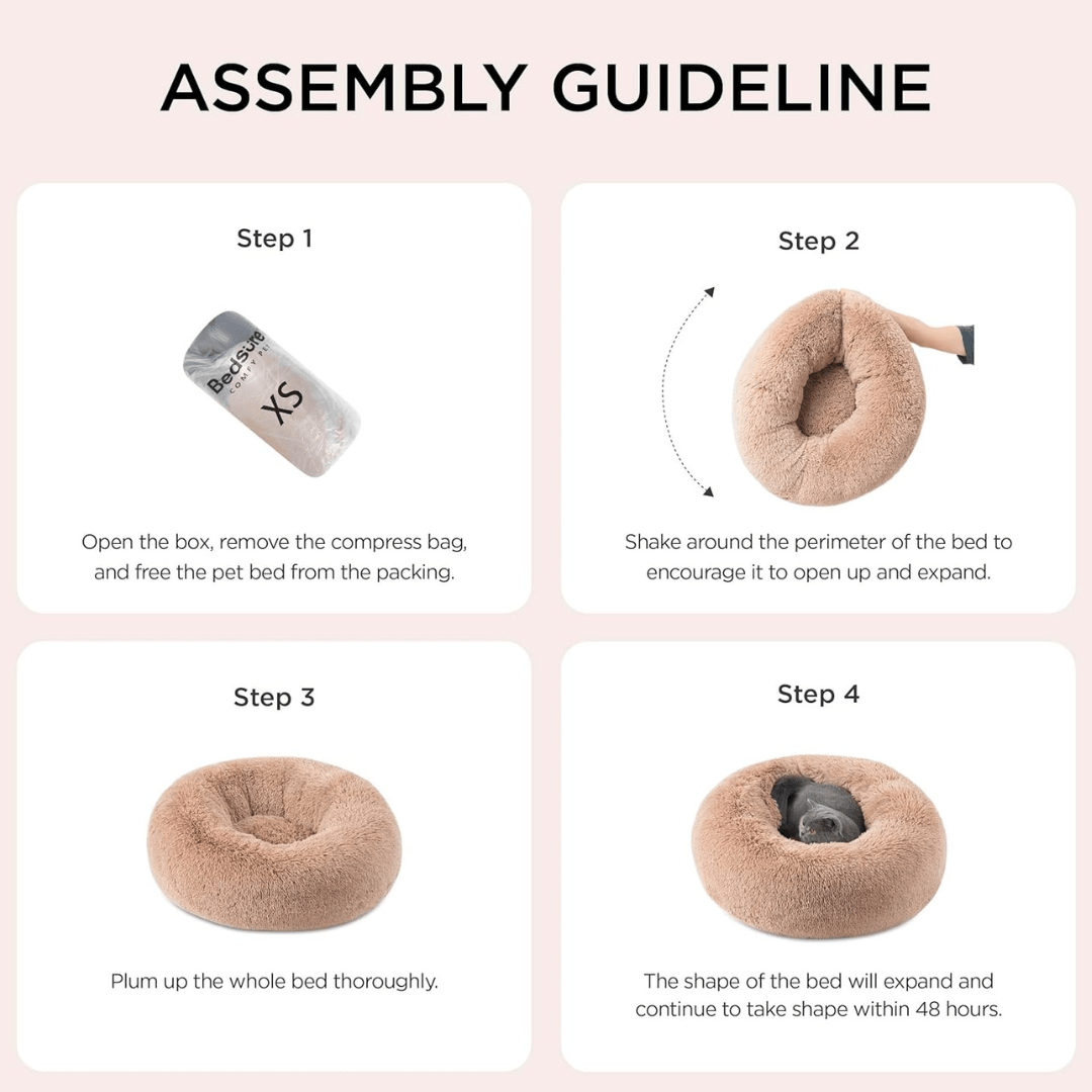 Assembly guideline for a pet bed with step-by-step instructions on a pink background